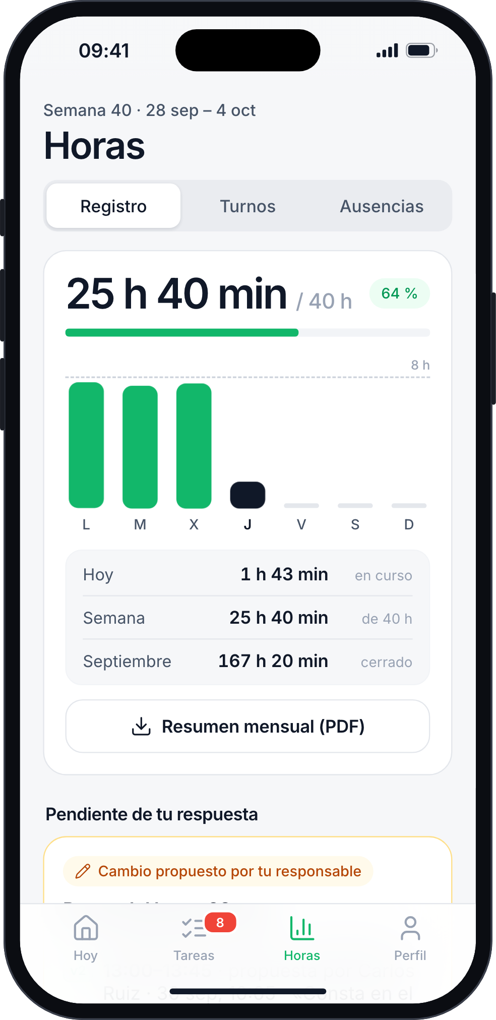 Pantalla de horas del empleado en la app