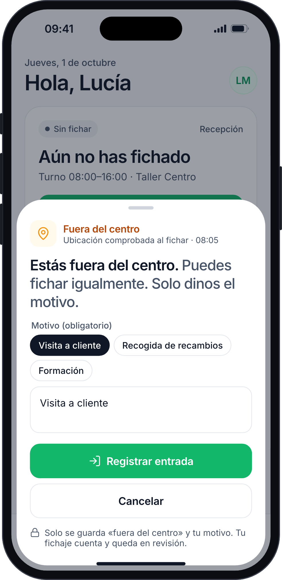 Pantalla para fichar fuera del centro indicando un motivo