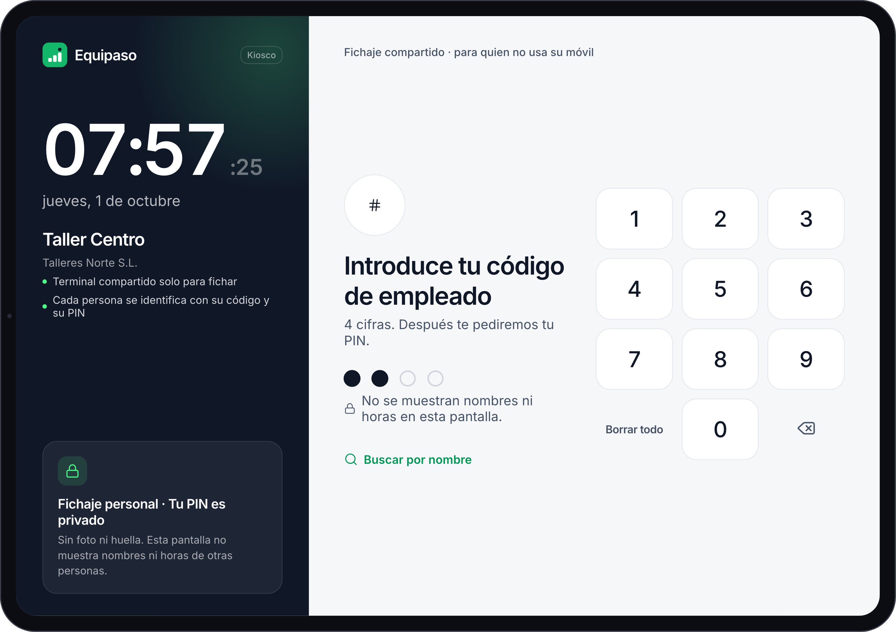 Tablet en modo kiosco pidiendo el código de empleado con un teclado numérico